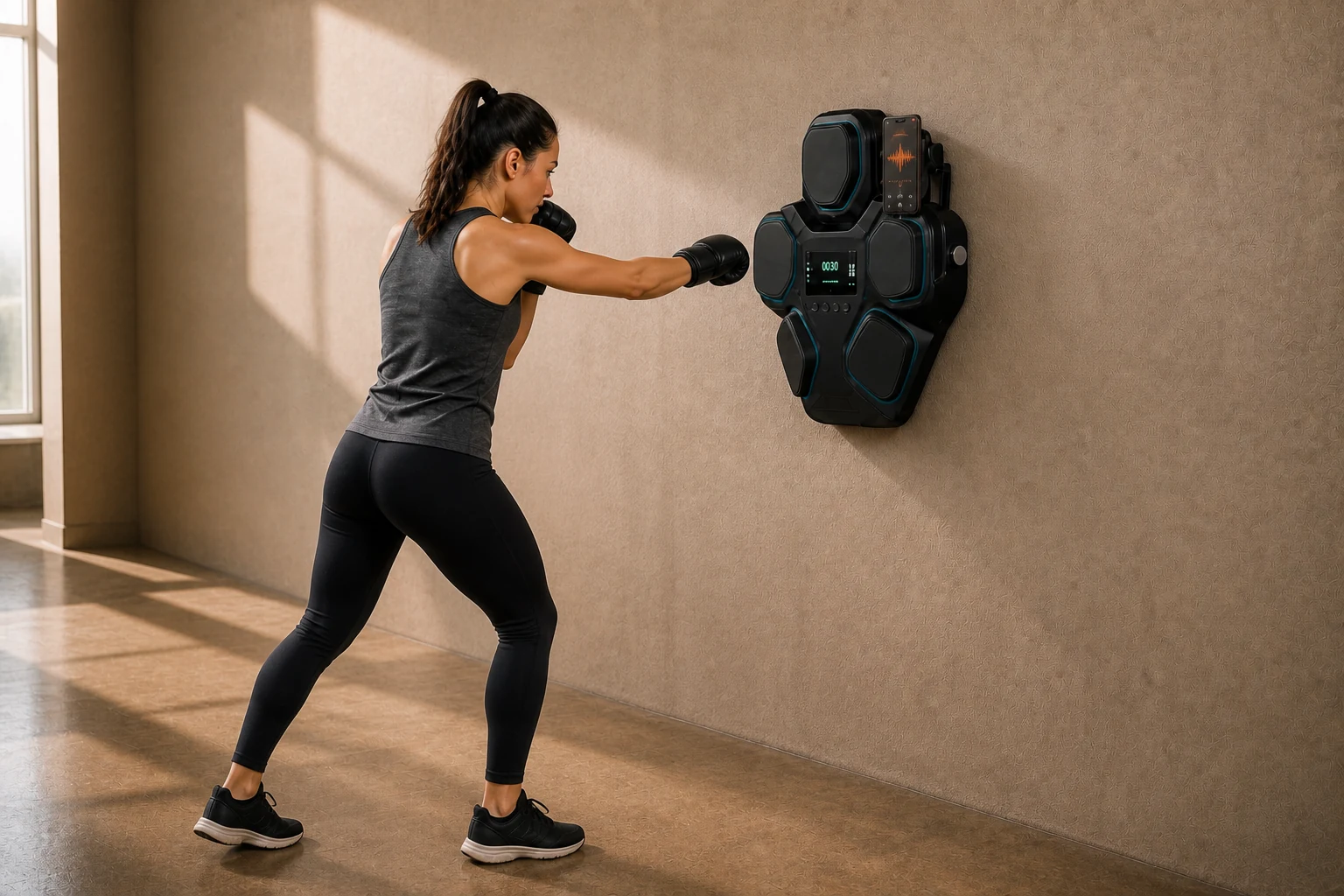 Adult following a visible target cue on a wall-mounted KINEPEAK music boxing trainer