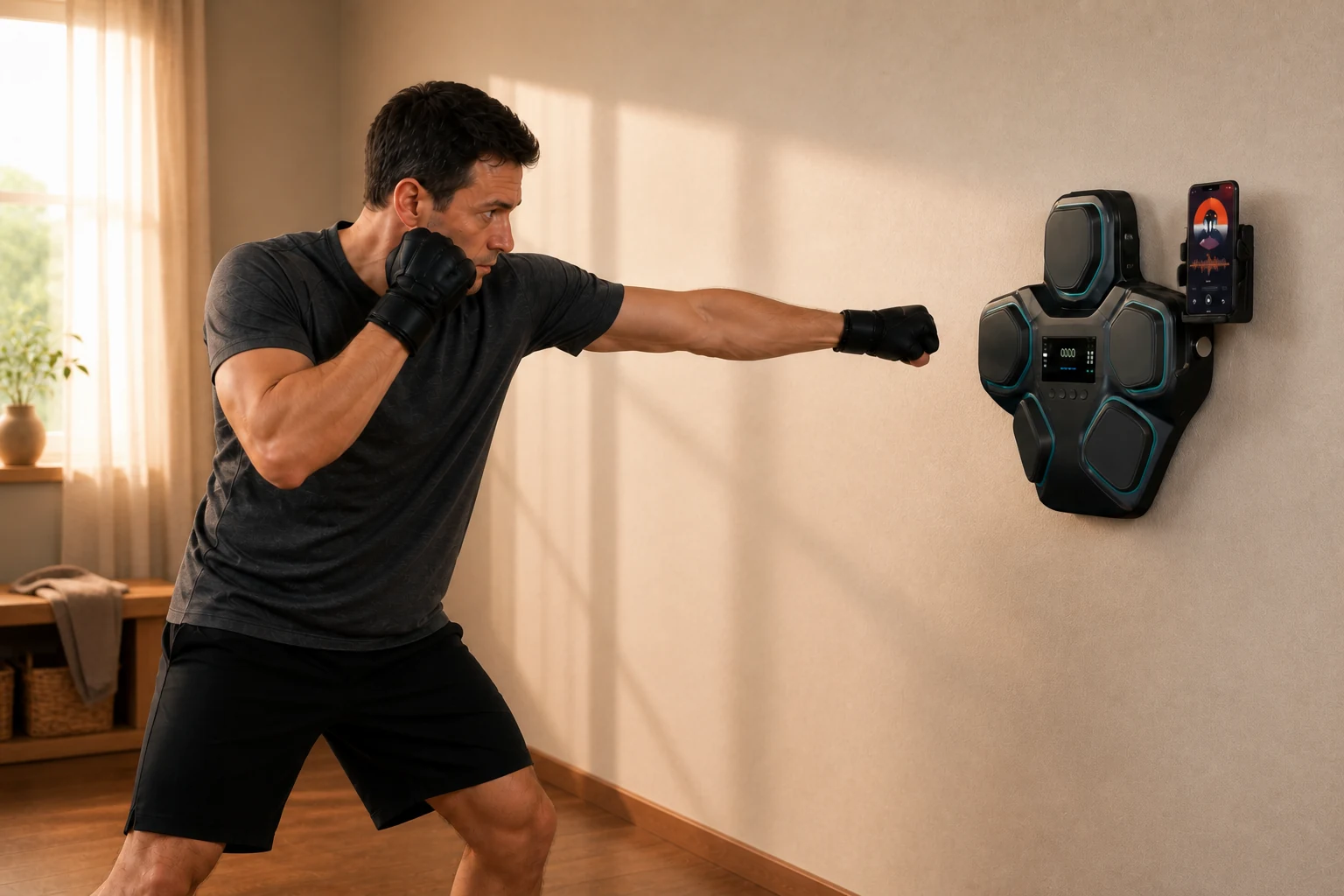 Adult practicing a controlled straight punch aligned with a KINEPEAK Train target