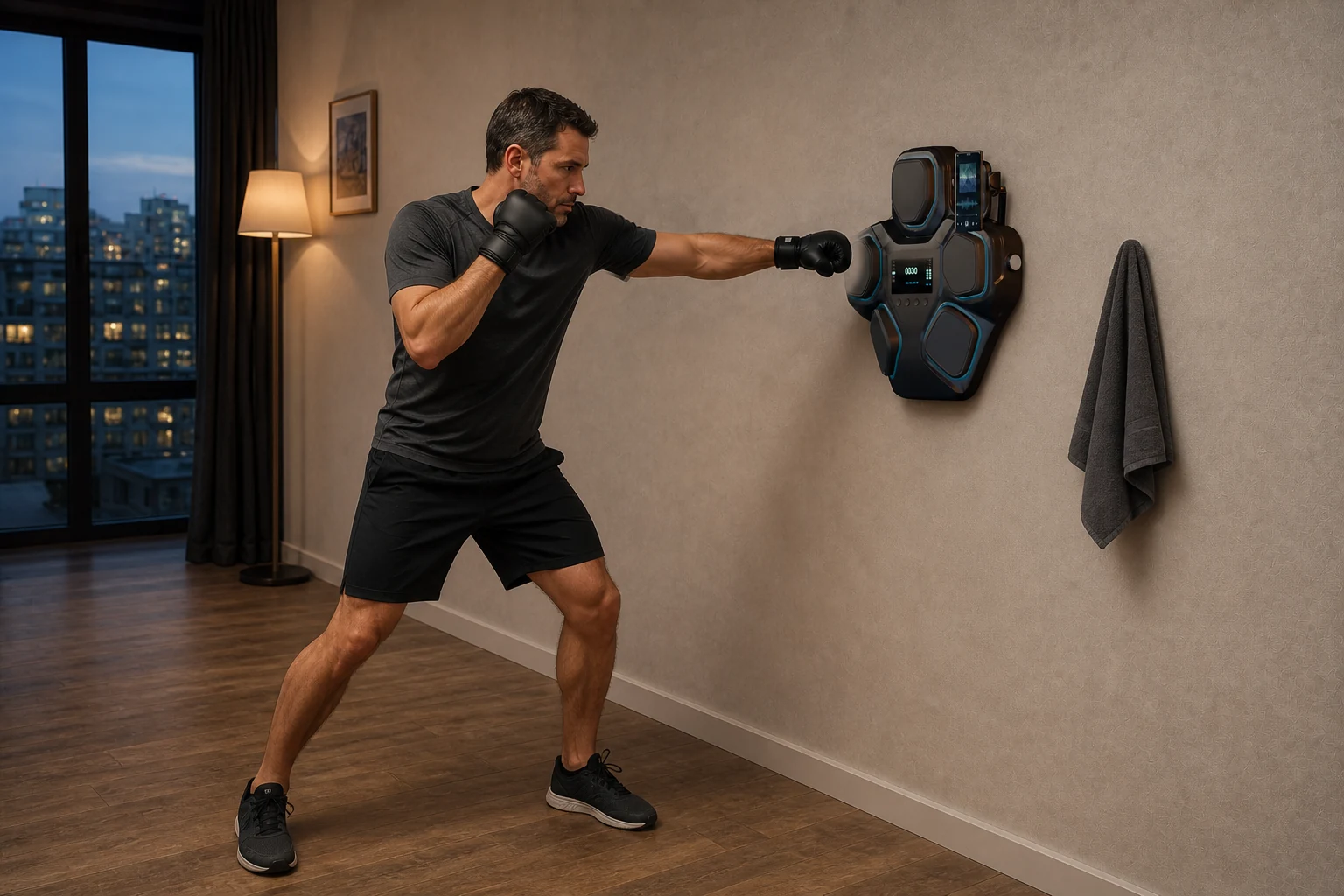 Young adult maintaining an aligned punch during a KINEPEAK boxing HIIT interval