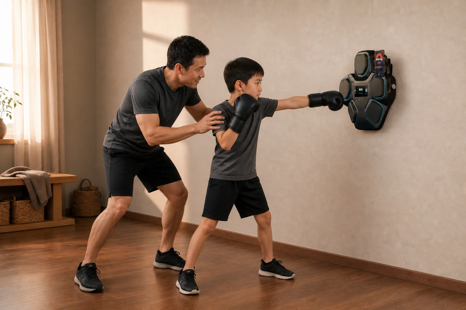 Father directly guiding his younger child through light KINEPEAK target practice